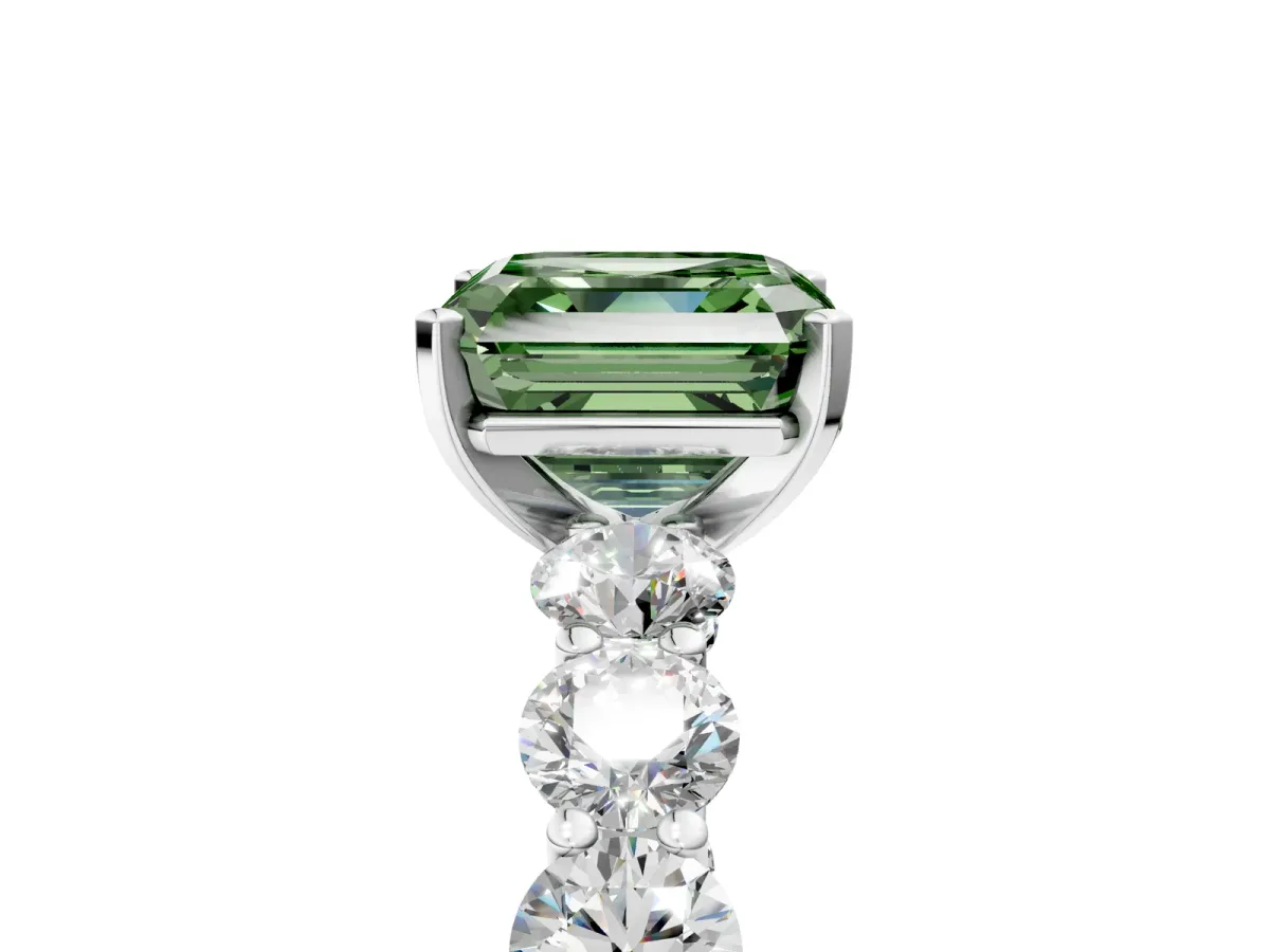 Fancy Green Asscher Cut Diamond Prong Setting with Side Stones on a Pave Band Platinum