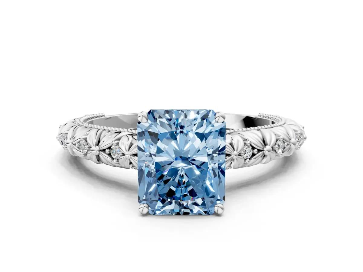 Fancy Blue Radiant Cut Solitaire Floral Milgrain Engagement Ring Platinum