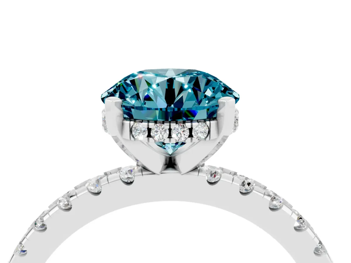 Round Cut Blue Topaz Solitaire Ring with Round Pavé Band and Four-Prong Setting Silver