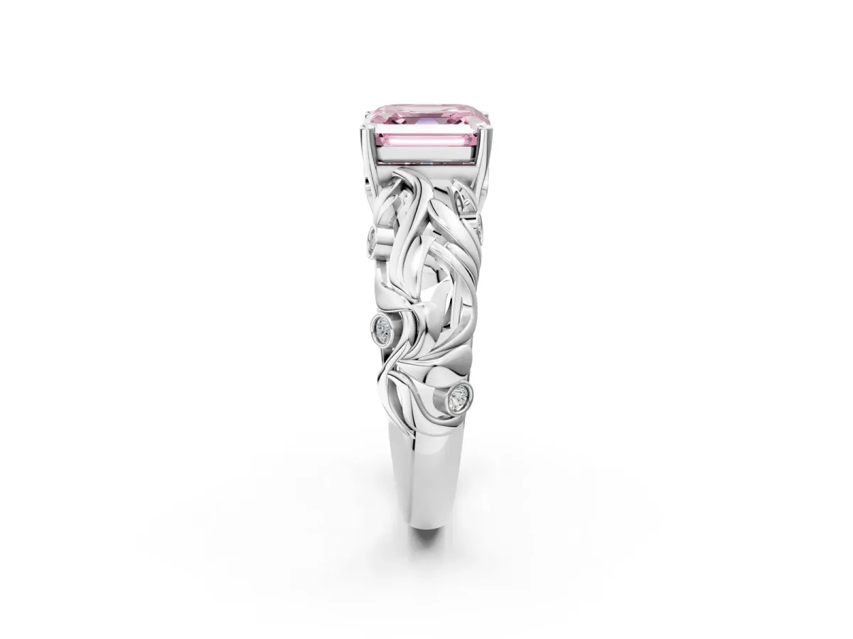 Fancy Pink Asscher Cut Solitaire Diamond Leaf-Inspired Vine Band Ring with Prong Setting Platinum