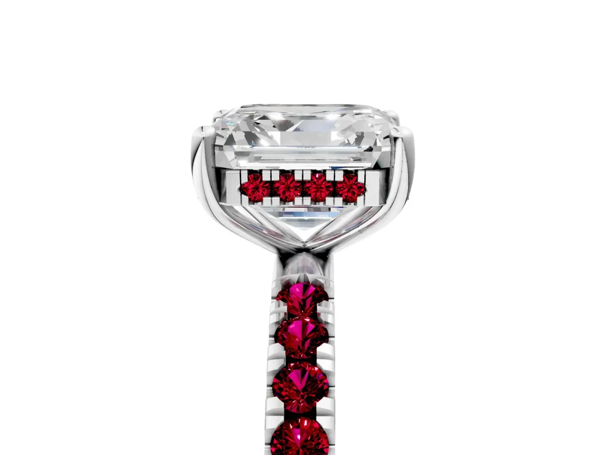 Asscher Cut Diamond Pave Band Solitaire Ring with Round Garnet and Prong Setting Platinum