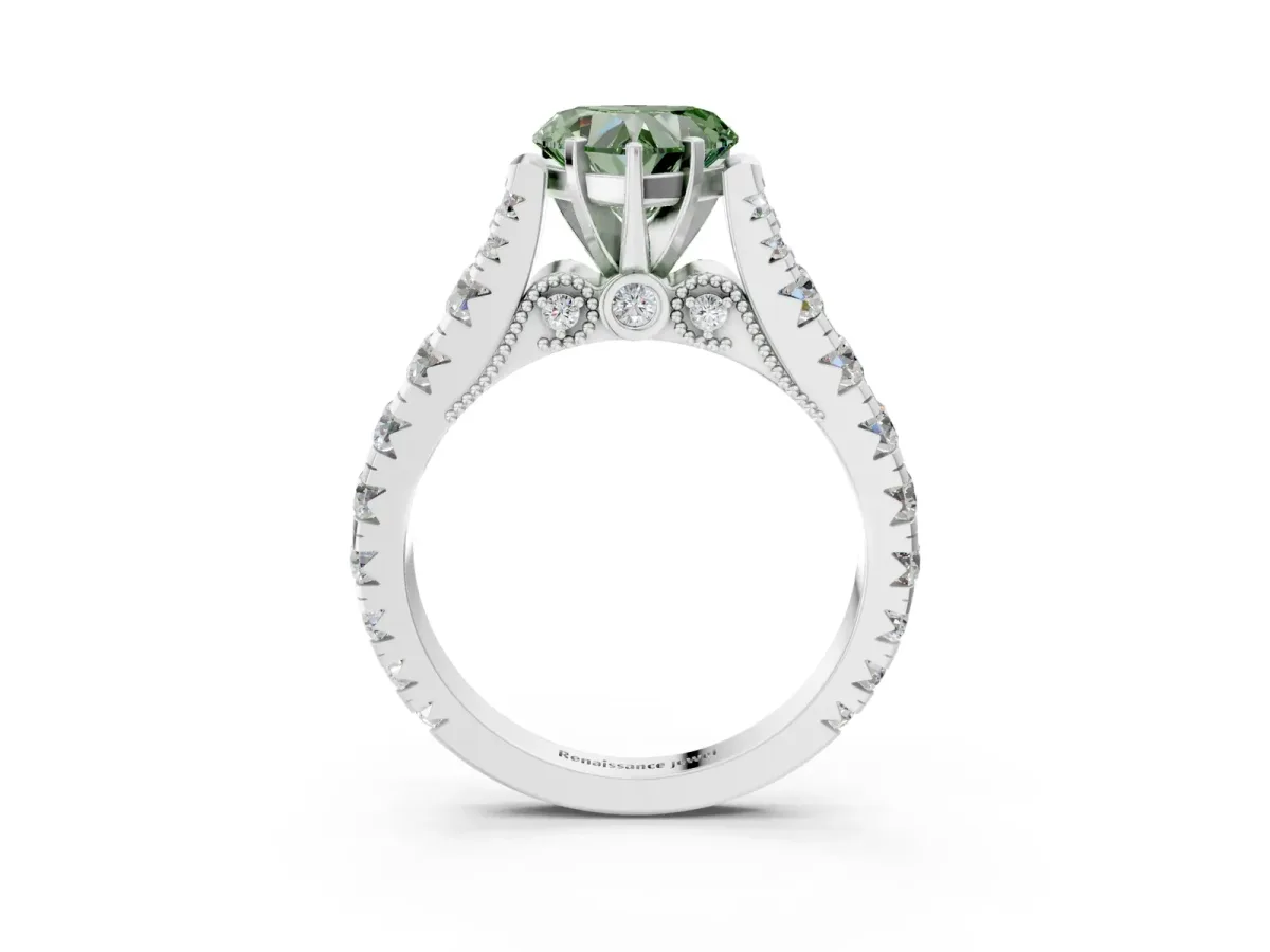 Fancy Green Heart Cut Diamond Classic Solitaire Ring with Pavé Band and Four-Prong Setting Silver
