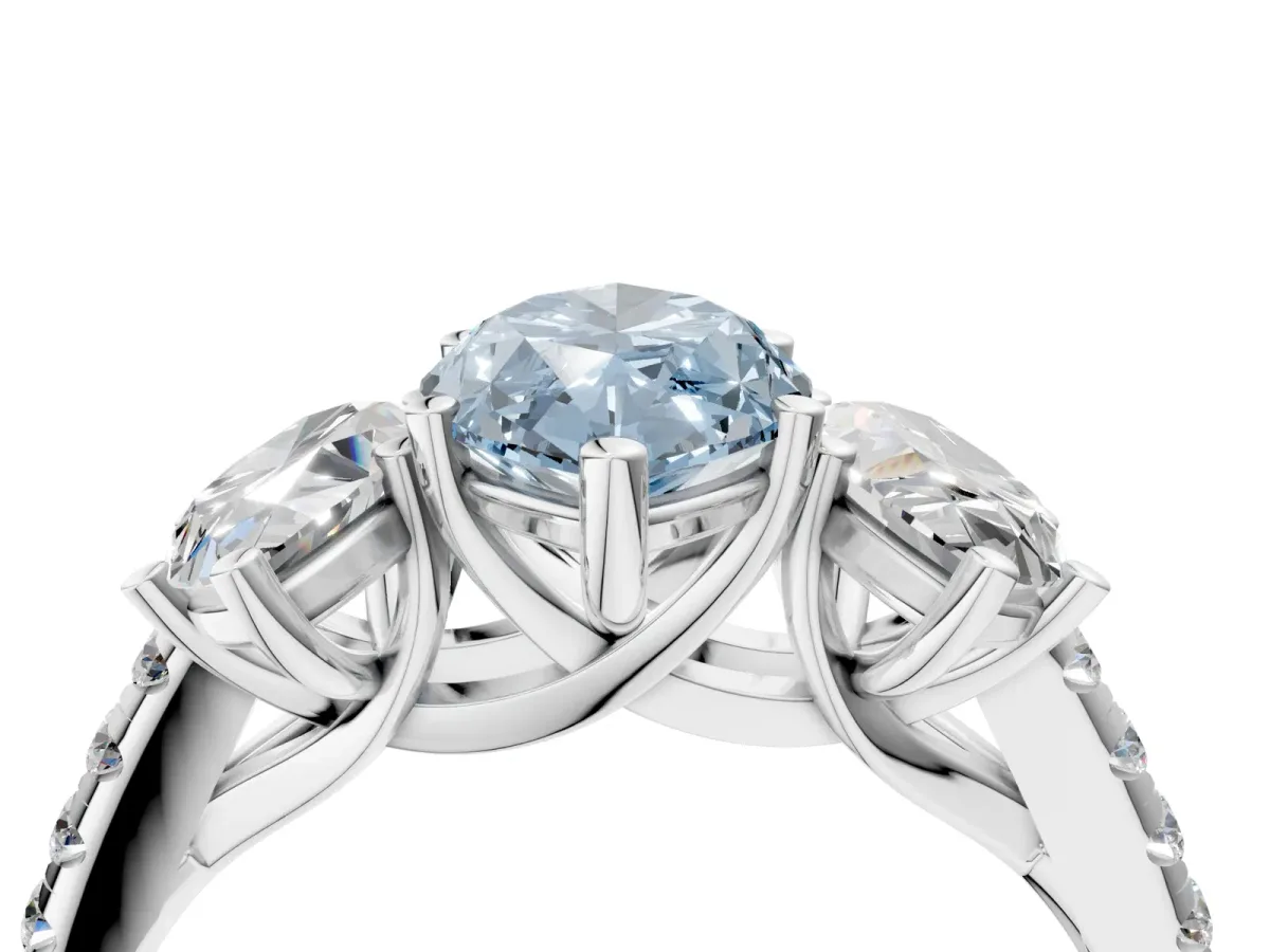 Fancy Blue Three-Stone Marquise Cut Diamond Ring with Round Pavé Band and Prong Setting Silver