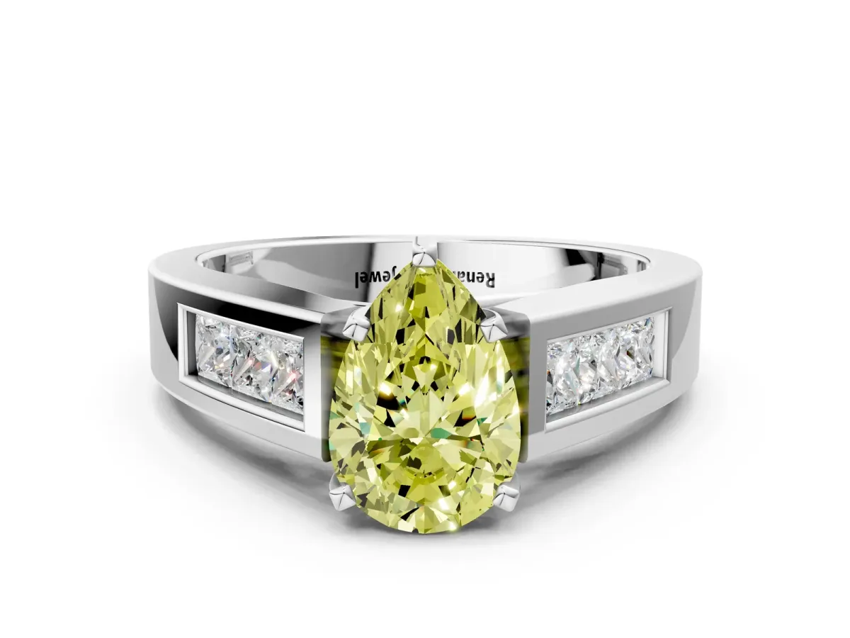 Fancy Yellow Pear Cut Cut Channel Set Solitaire Ring with Four-Prong Setting Platinum