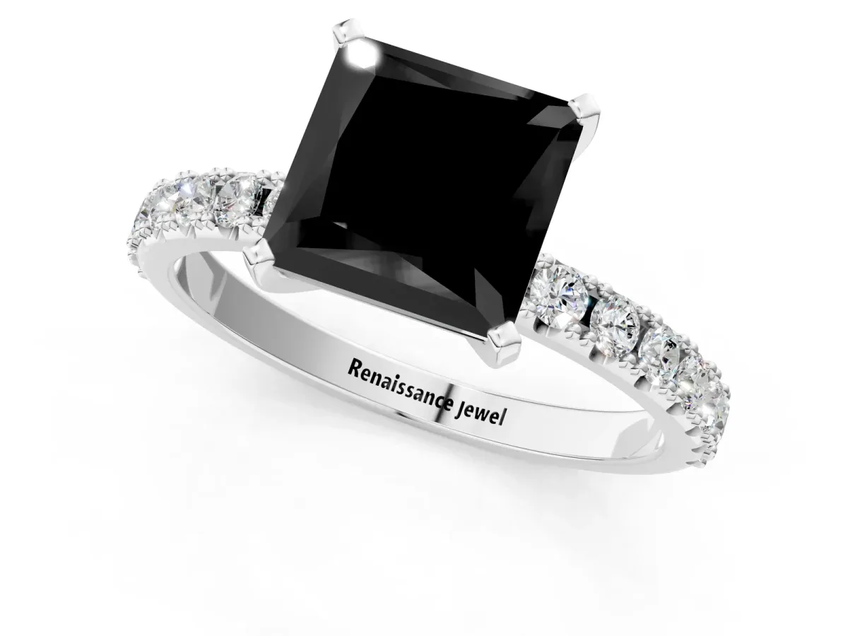 Fancy Black Princess Cut Diamond Solitaire Pavé Band with Four-Prong Setting Silver
