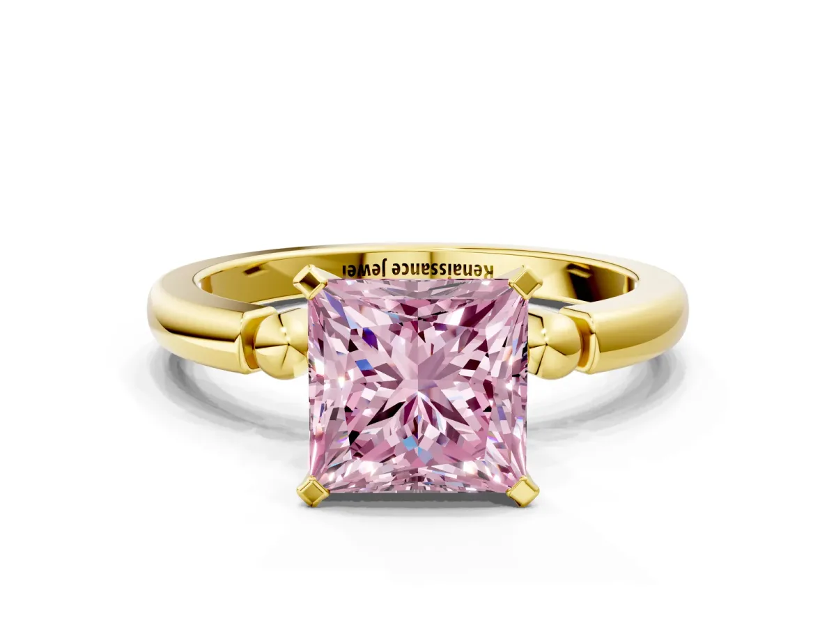 Fancy Pink Princess Cut Solitaire Beaded Band with Four-Prong Setting Yellow gold