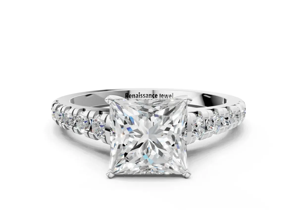 Princess Cut Diamond Cathedral Solitaire Ring with Round Pavé Band Silver