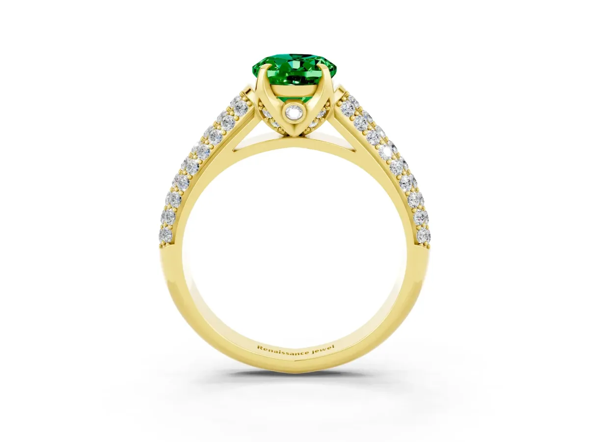 Oval Cut Emerald Solitaire Ring with Three-Row Pavé Band and Four-Prong Setting Yellow gold