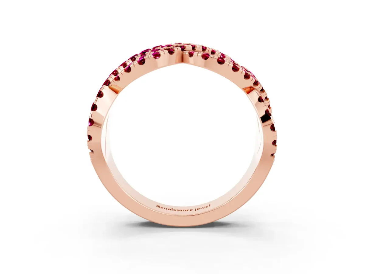 Pavé Round Garnet Infinity Twist Band with Shared Prong Setting Rose gold