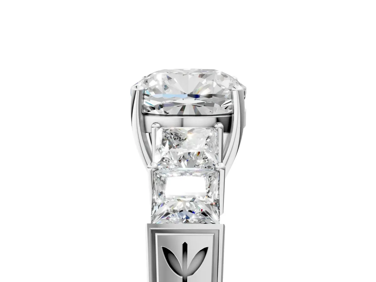 Cushion Cut Solitaire Princess Side Stone Engraved Band Prong Setting Ring Silver