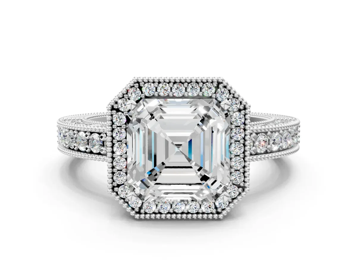 Asscher Cut Cut Halo Diamond Pave Band Ring with Four-Prong Setting Platinum