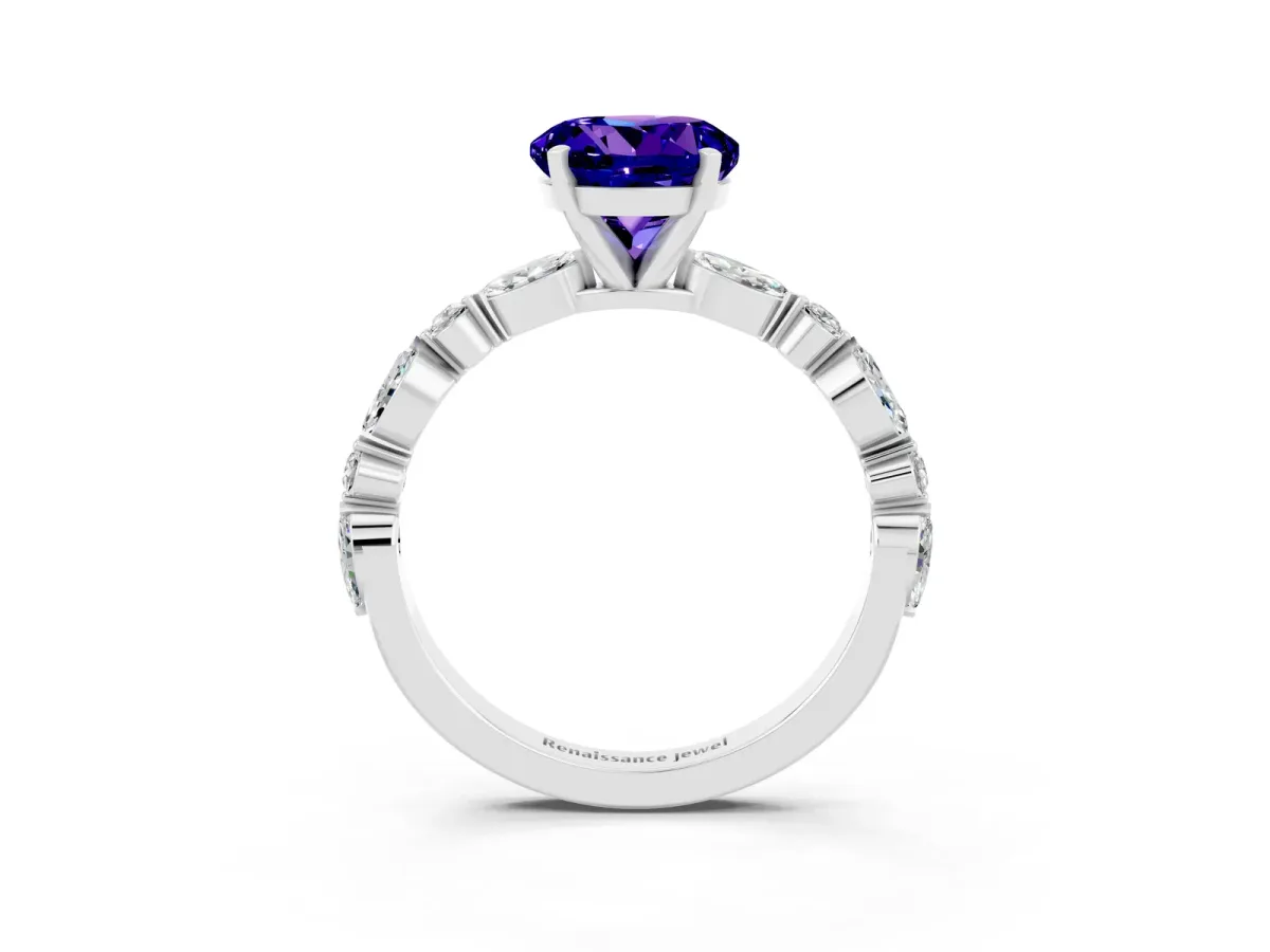 Round Cut Tanzanite Ring with Marquise and Round Side Stones and Four-Prong Setting Silver