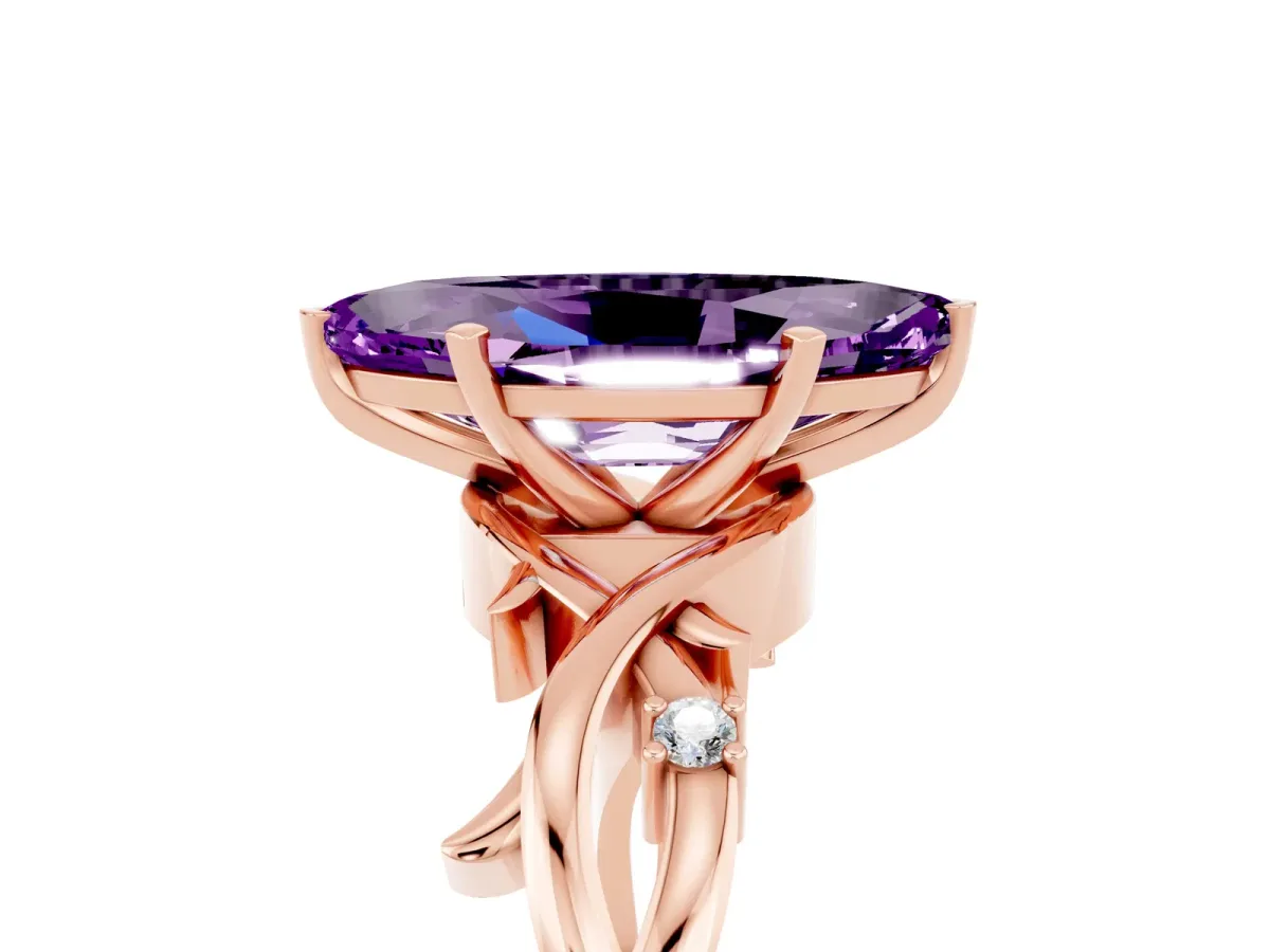 Marquise Cut Amethyst Solitaire Ring with Twisted Band and Prong Setting Rose gold