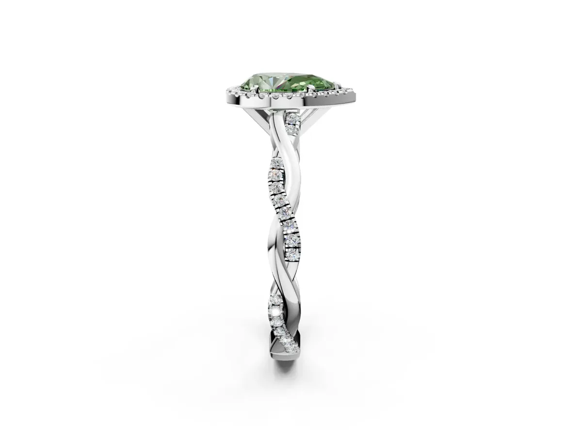 Fancy Green Pear Cut Cut Halo Twisted Band Four-Prong Ring Platinum