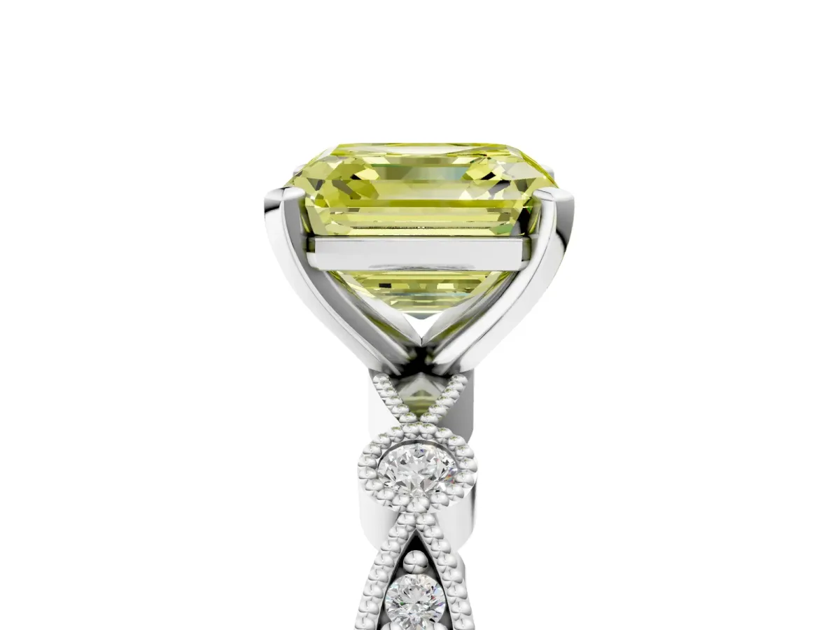 Fancy Yellow Asscher Cut Milgrain Bezel Diamond Engagement Ring with Solitaire Prong Setting Platinum
