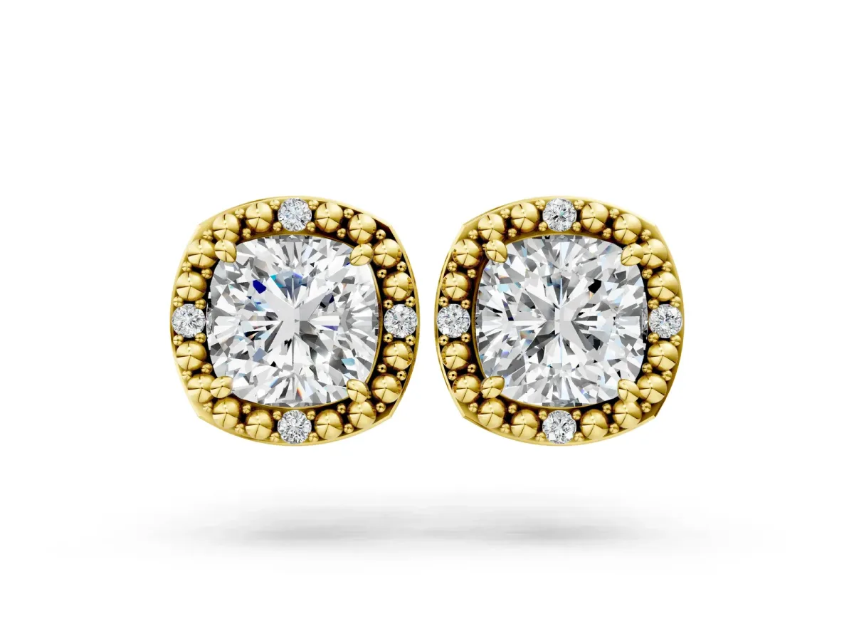 Cushion Diamond Beaded Halo Stud Earrings Yellow gold