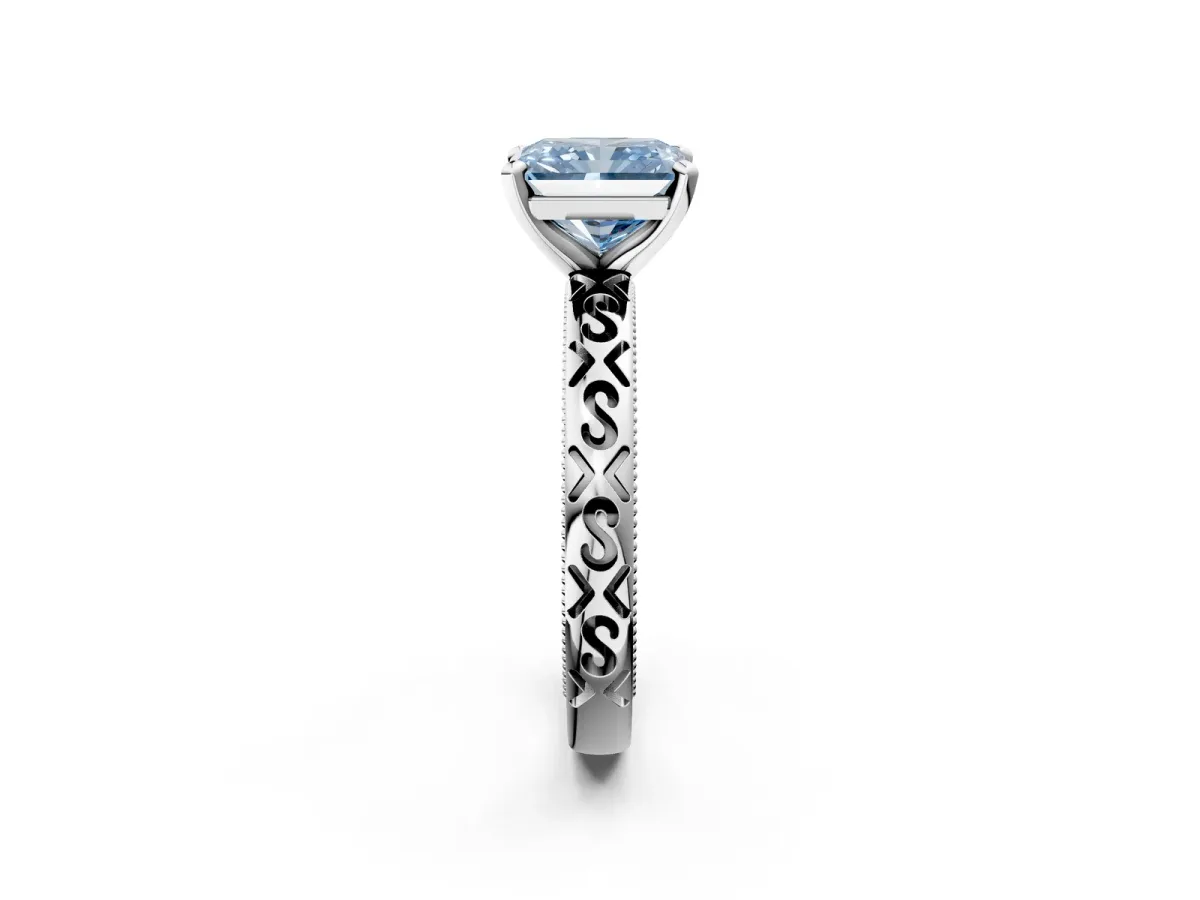 Fancy Blue Radiant Cut Solitaire Engagement Ring with Scrollwork Band and Four-Prong Setting Platinum