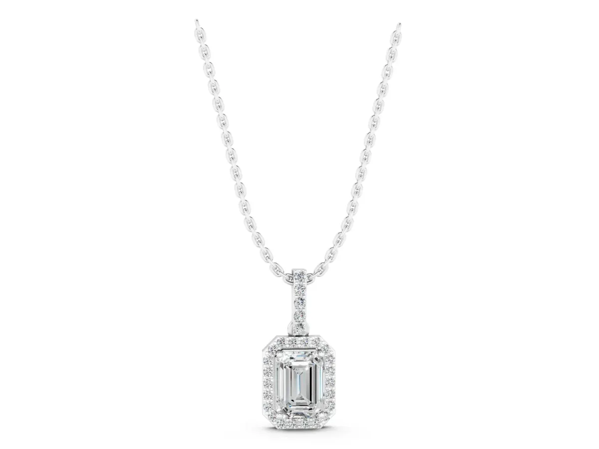 Emerald Cut Halo Diamond Pendant with Prong Setting White gold