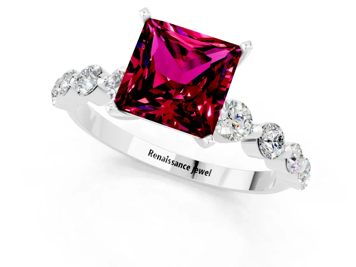 Princess Cut Solitaire Garnet Ring with Pave Band and Four-Prong Setting Silver