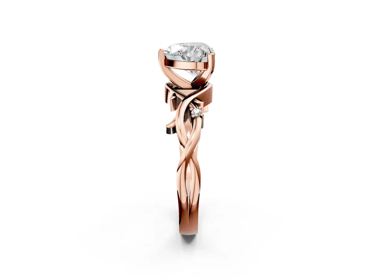 Heart Cut Diamond Solitaire Ring with Twisted Band and Prong Setting Rose gold