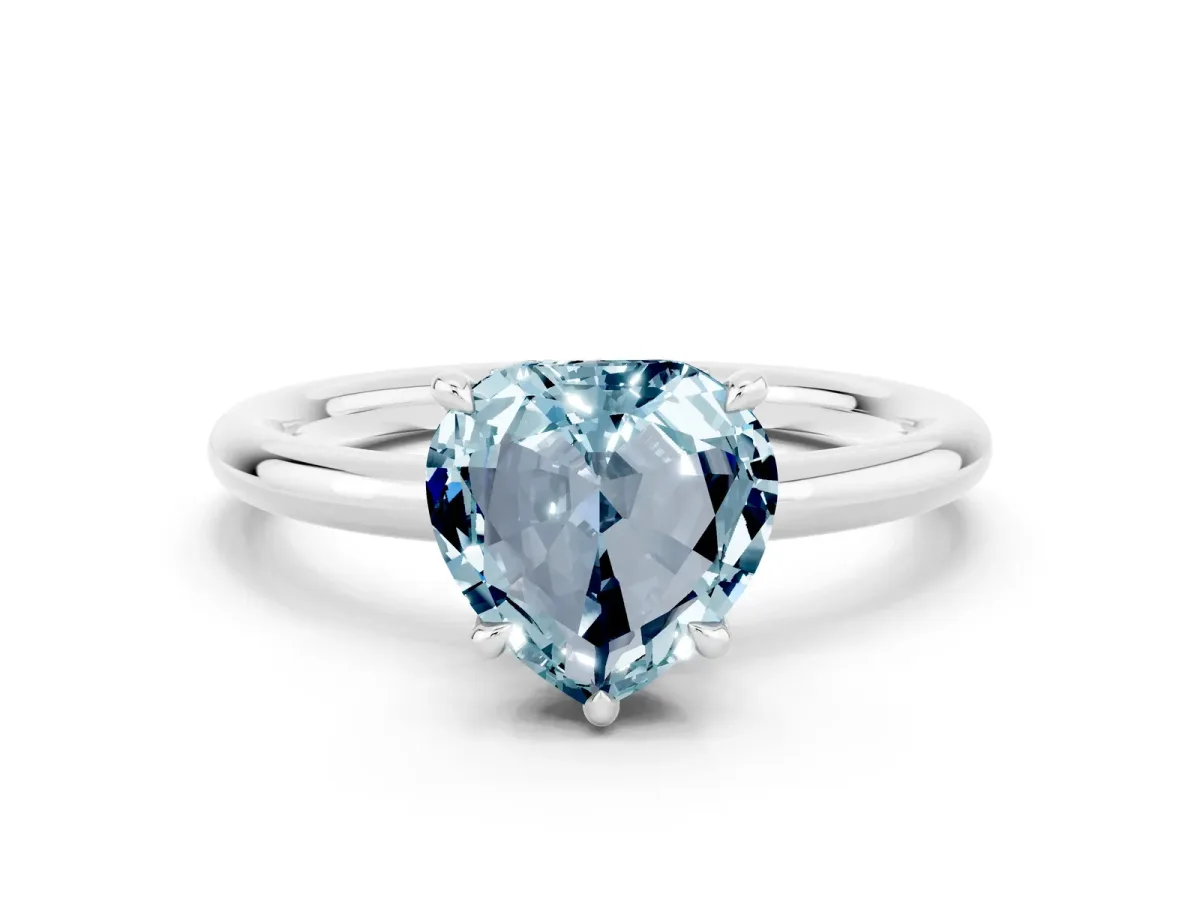 Heart Cut Aquamarine Solitaire Ring with Thin Band and Four-Prong Setting White gold