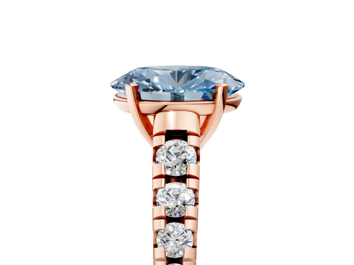 Fancy Blue Oval Cut Diamond Cathedral Solitaire Ring with Round Pavé Band Rose gold