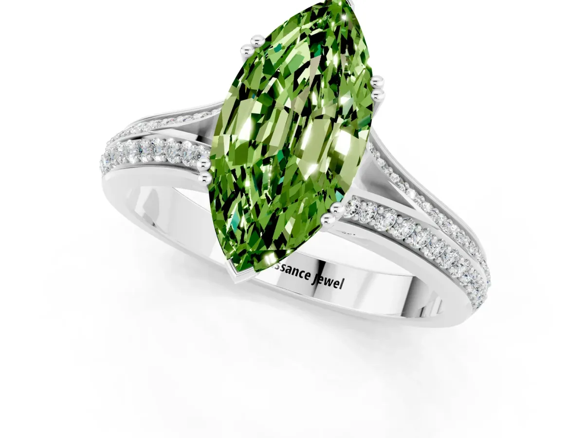 Marquise Cut Peridot Split Shank Engagement Ring with Pavé Band White gold