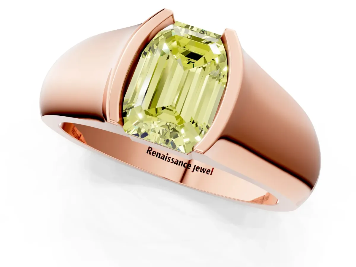 Fancy Yellow Emerald Cut Solitaire Bezel Set Diamond Ring with Wide Band Rose gold