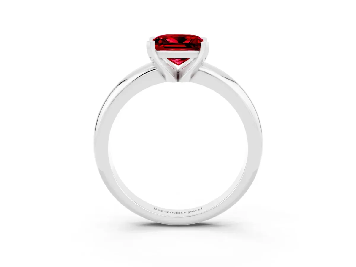 Princess Cut Ruby Solitaire Engagement Ring with Round Band and Four-Prong Setting Silver