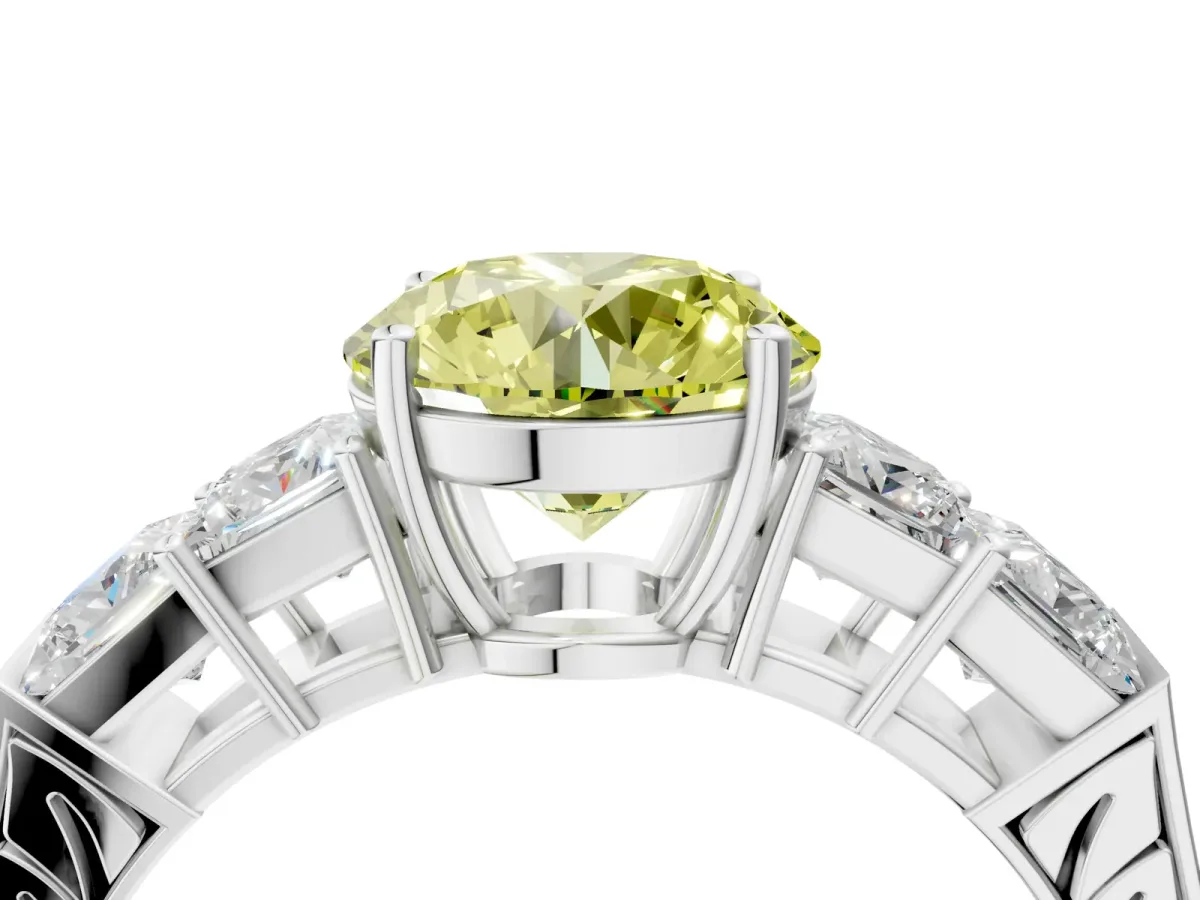 Fancy Yellow Round Cut Solitaire Princess Side Stone Engraved Band Prong Setting Ring Platinum