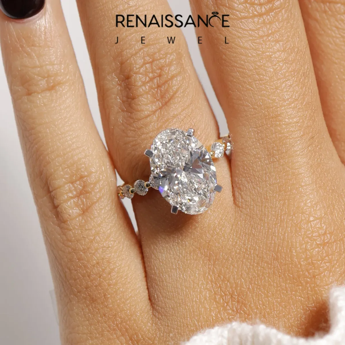 Oval Cut Solitaire Diamond Ring with Pave Band and Four-Prong Setting Yellow gold