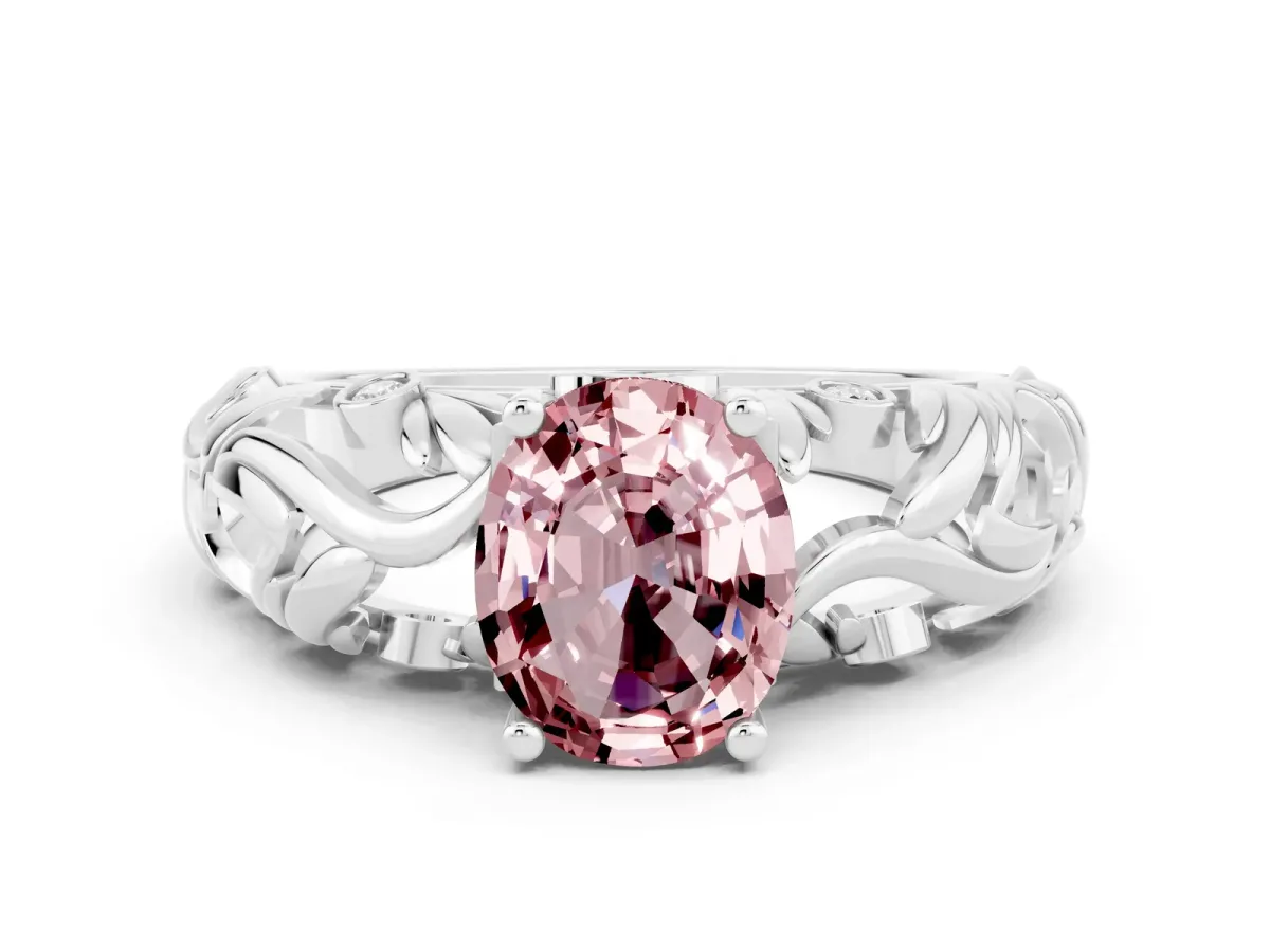 Oval Cut Solitaire Morganite Leaf-Inspired Vine Band Ring with Prong Setting White gold