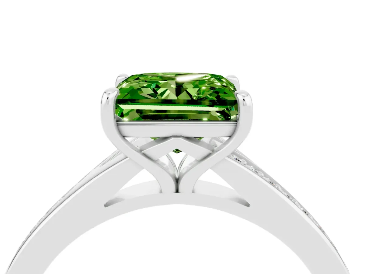 Princess Cut Peridot Solitaire Ring with Pavé Band and Prong Setting Silver