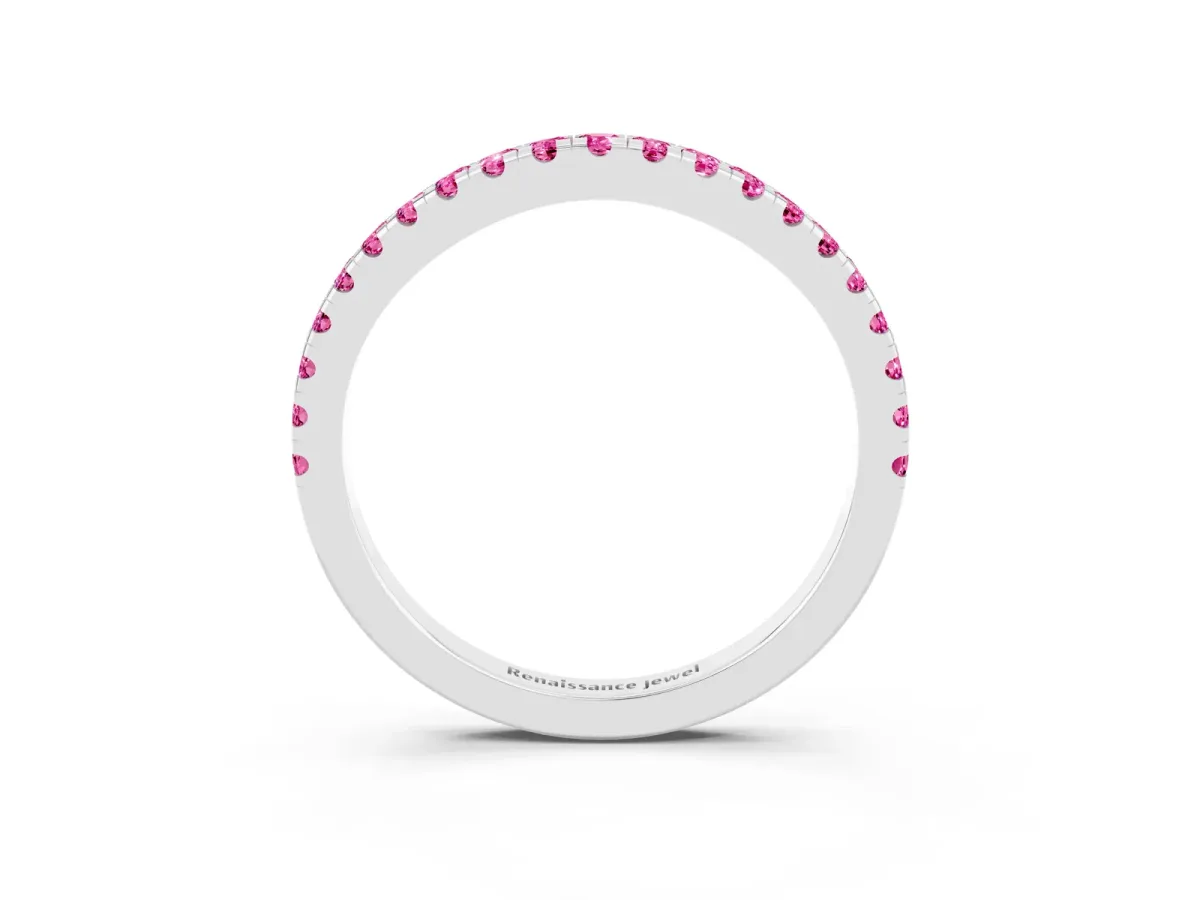 Round Pink Sapphire Pavé Half Eternity Band with Shared Prong Setting White gold