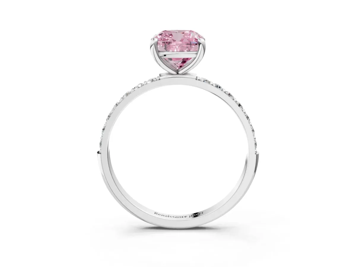 Fancy Pink Cushion Cut Diamond Solitaire Ring with Round Pavé Band and Prong Setting Silver