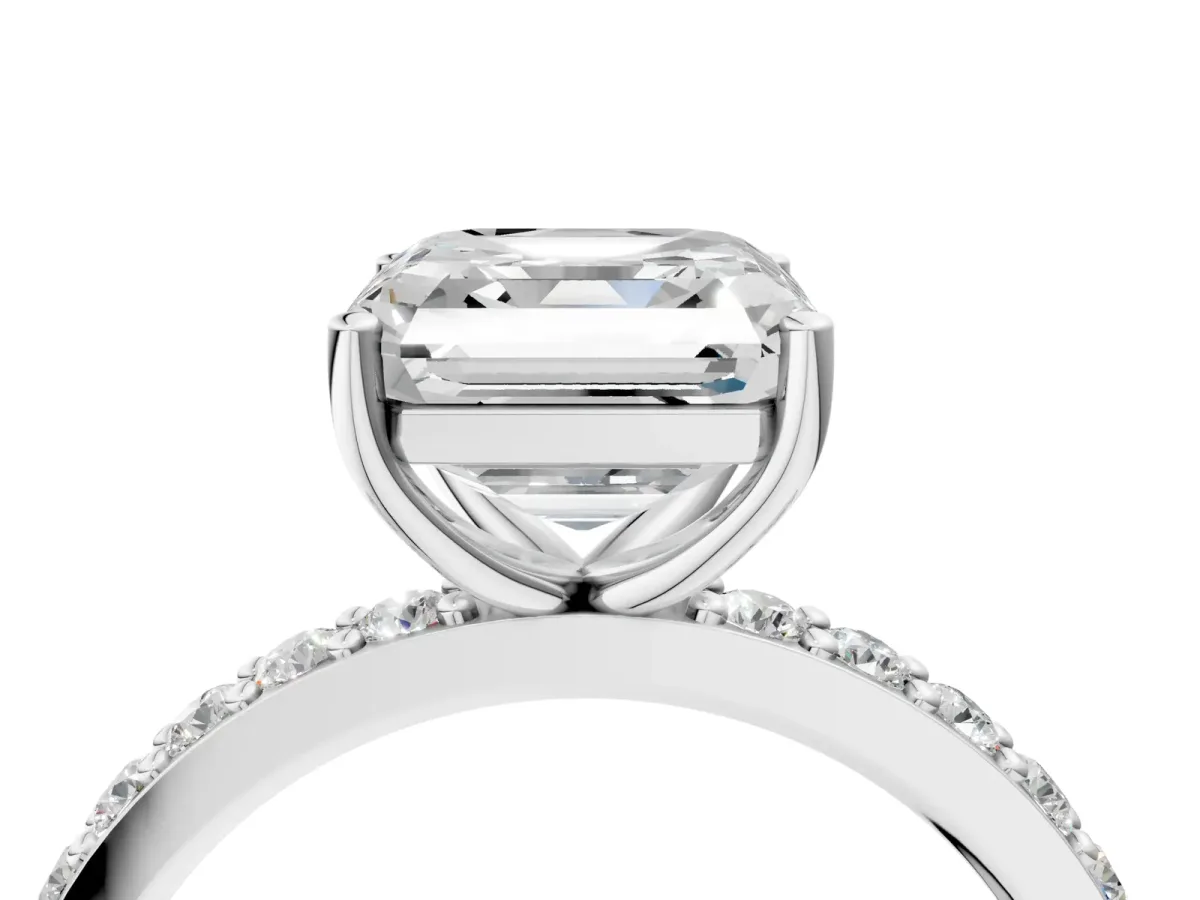 Asscher Cut Cut Diamond Solitaire with Pave Band and Four-Prong Setting Platinum
