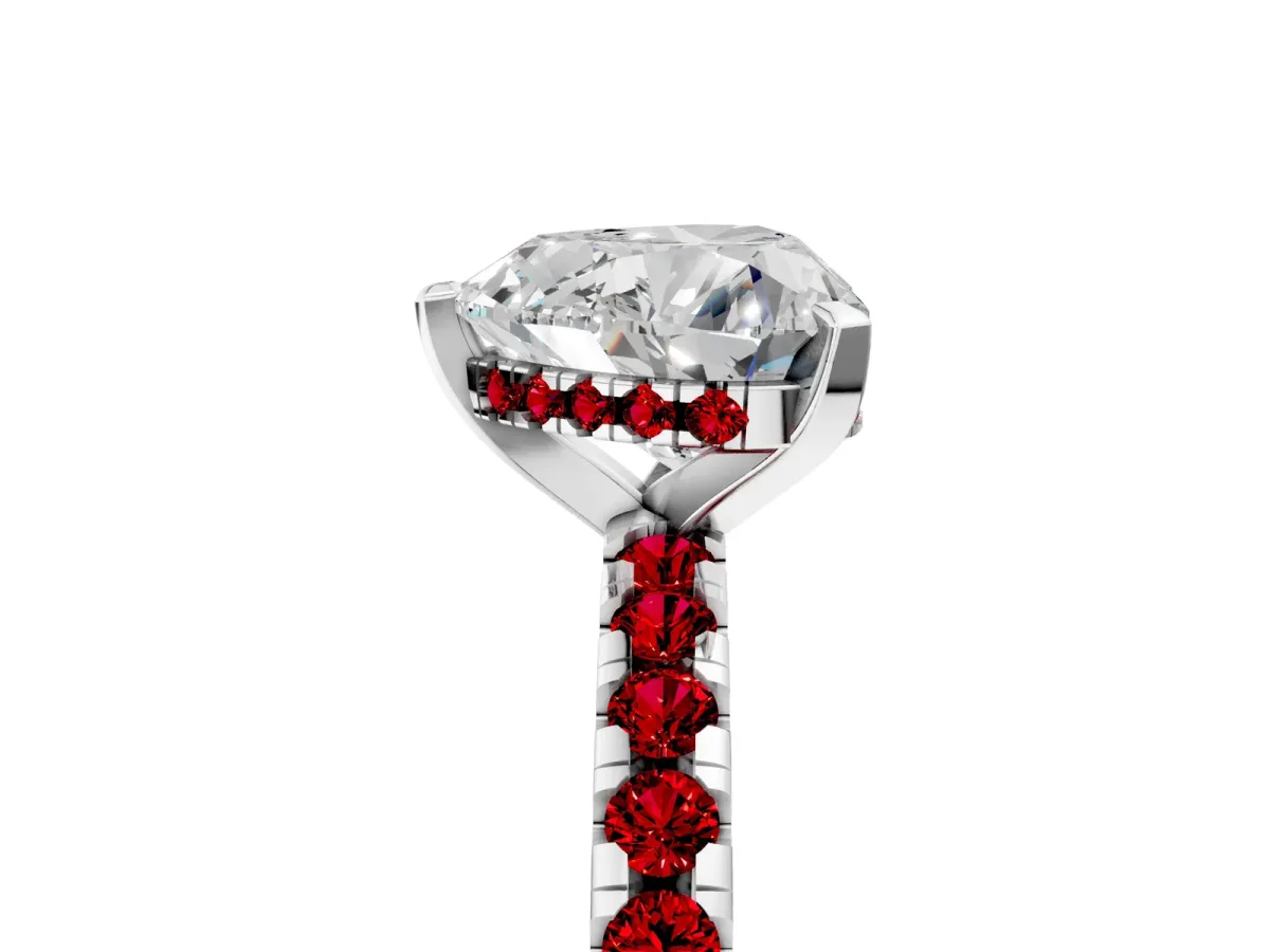 Heart Cut Diamond Solitaire Ring with Round Ruby Pavé Band and Four-Prong Setting Silver