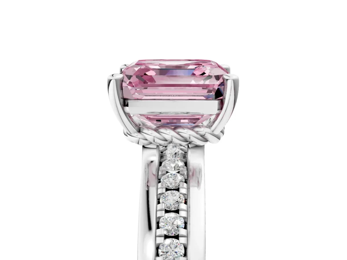 Fancy Pink Asscher Cut Solitaire Diamond Ring with Channel Set Band and Six-Prong Setting Platinum