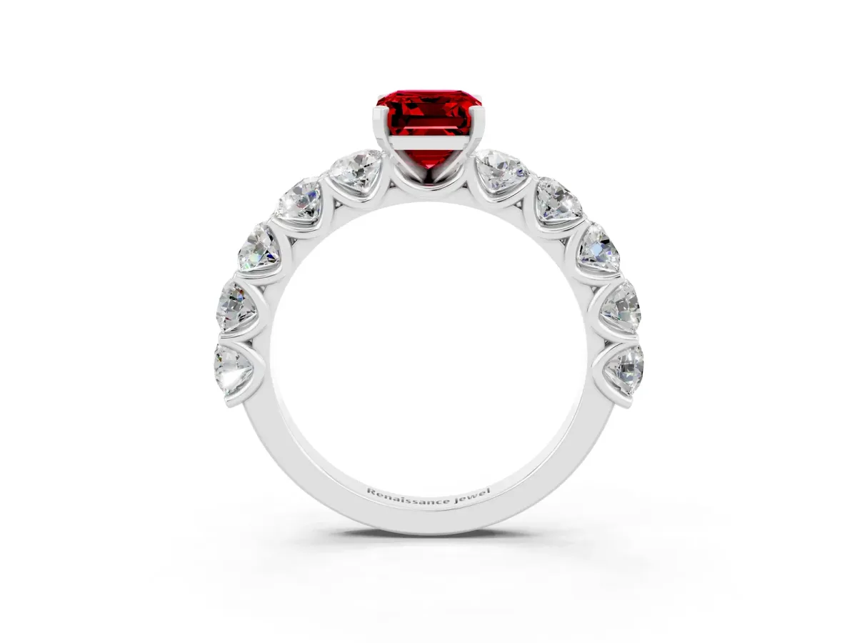 Emerald Cut Ruby Prong Setting with Side Stones on a Pave Band White gold