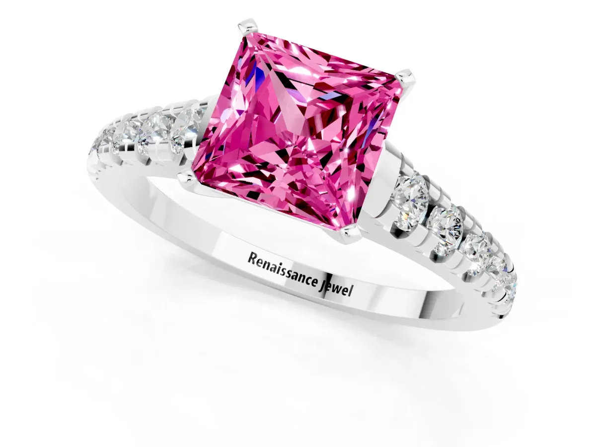 Princess Cut Pink Sapphire Cathedral Solitaire Ring with Round Pavé Band Silver