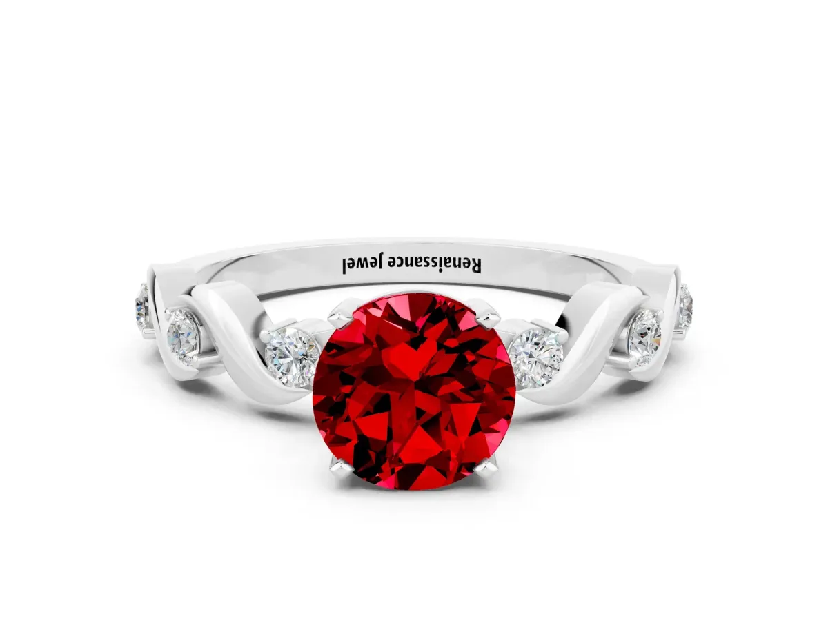 Round Cut Ruby Solitaire Twisted Band with Round Accents and Prong Setting White gold