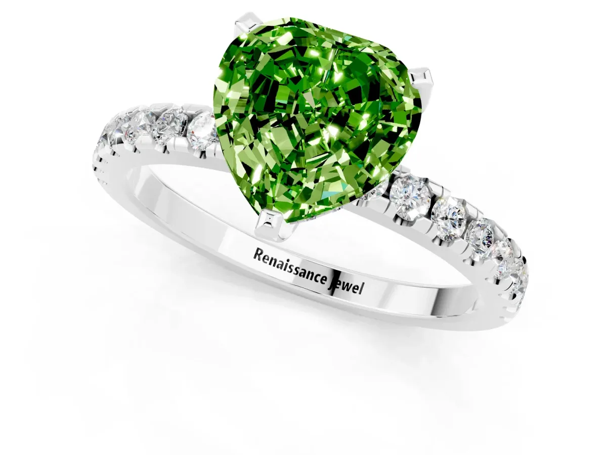 Heart Cut Peridot Solitaire Ring with Round Pavé Band and Four-Prong Setting Silver