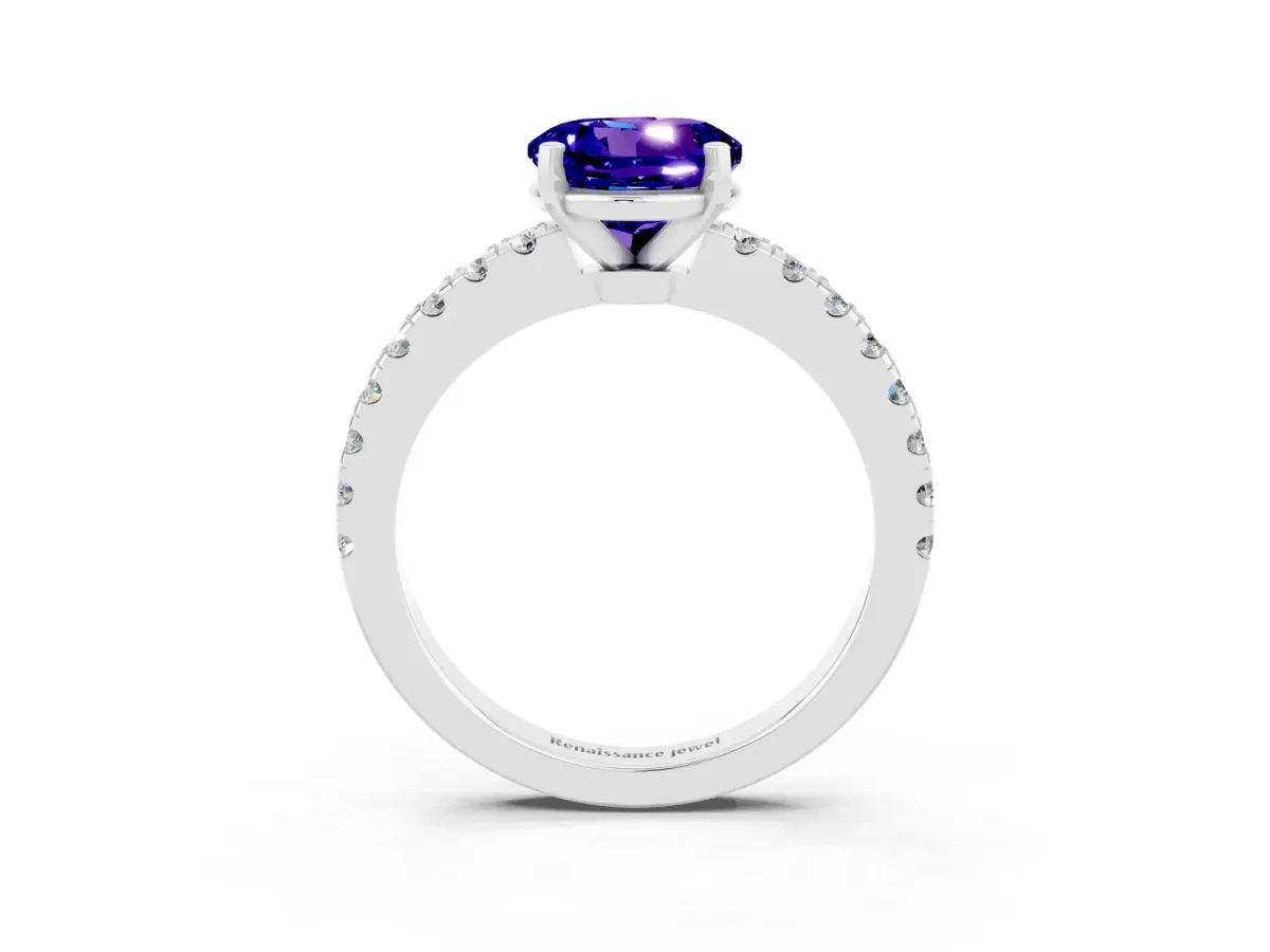 Round Cut Solitaire Tanzanite with Pavé Band and Four-Prong Setting Silver