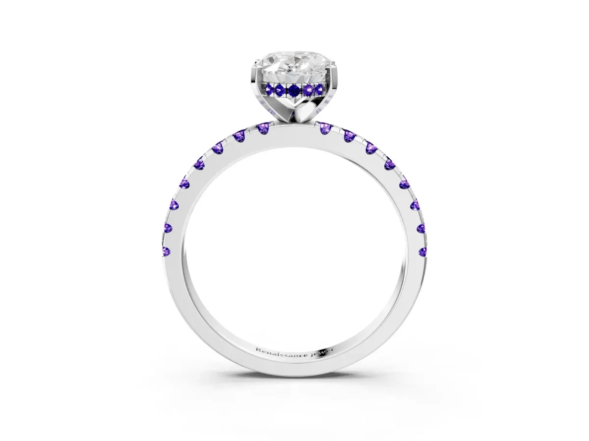 Oval Cut Diamond Solitaire Ring with Round Tanzanite Pavé Band and Four-Prong Setting Silver
