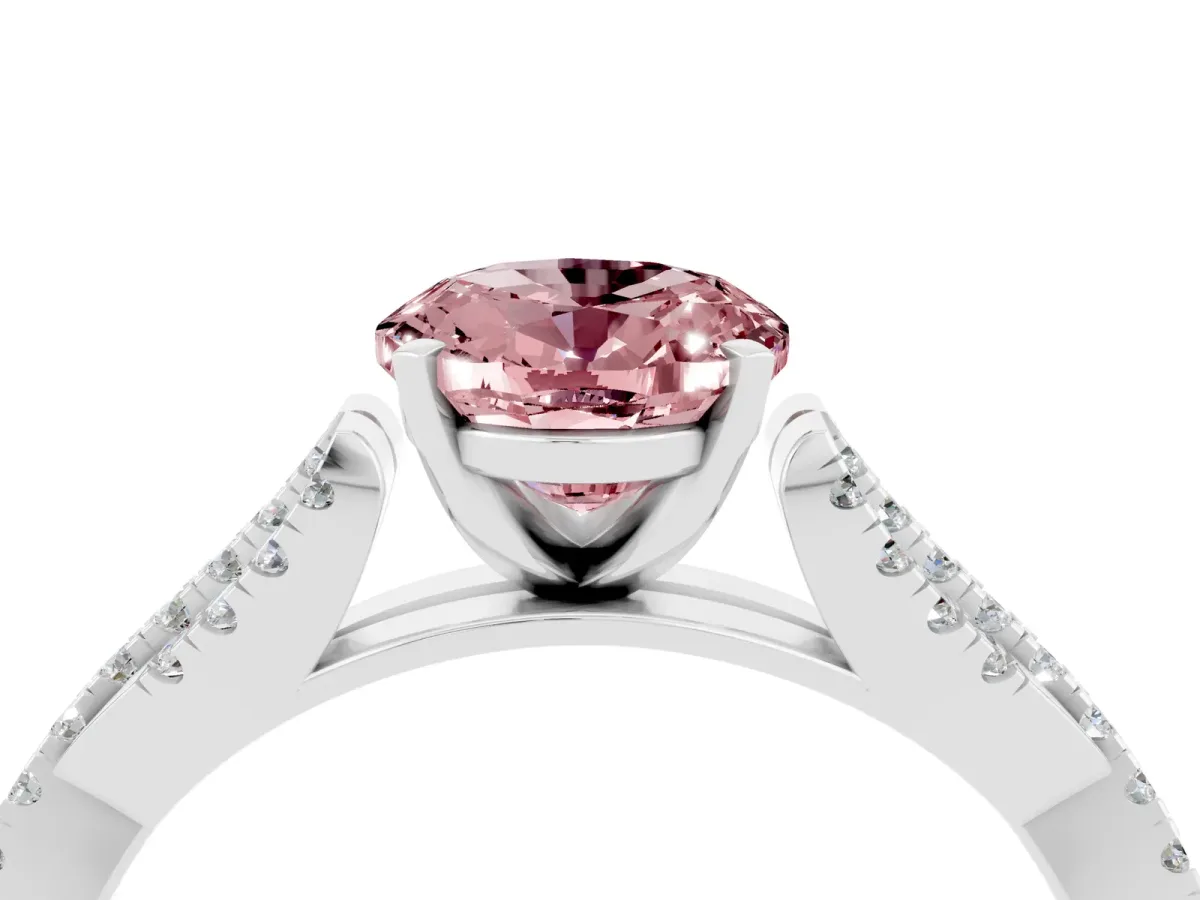 Oval Cut Morganite Solitaire Engagement Ring with Twisted Pavé Band and Four-Prong Setting Silver