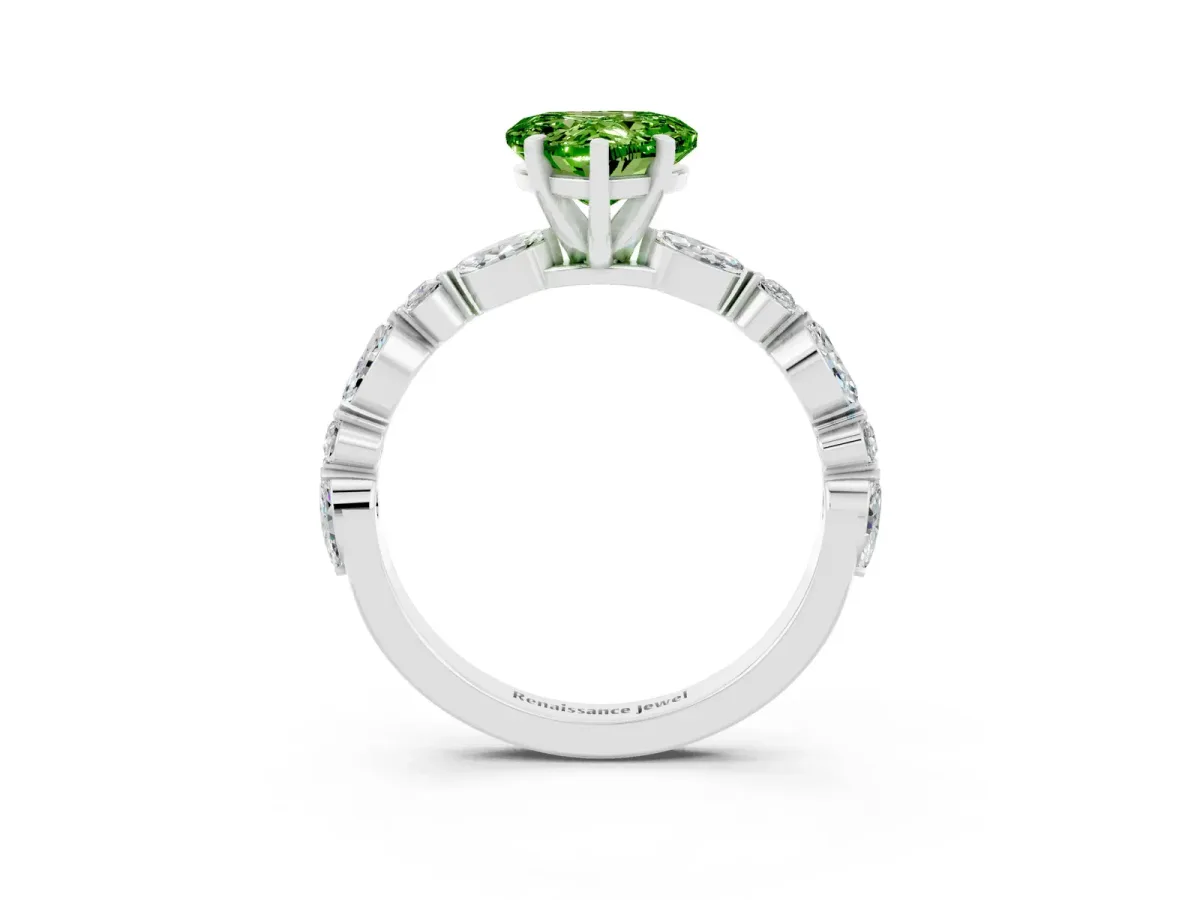 Heart Cut Peridot Ring with Marquise and Round Side Stones and Four-Prong Setting Silver