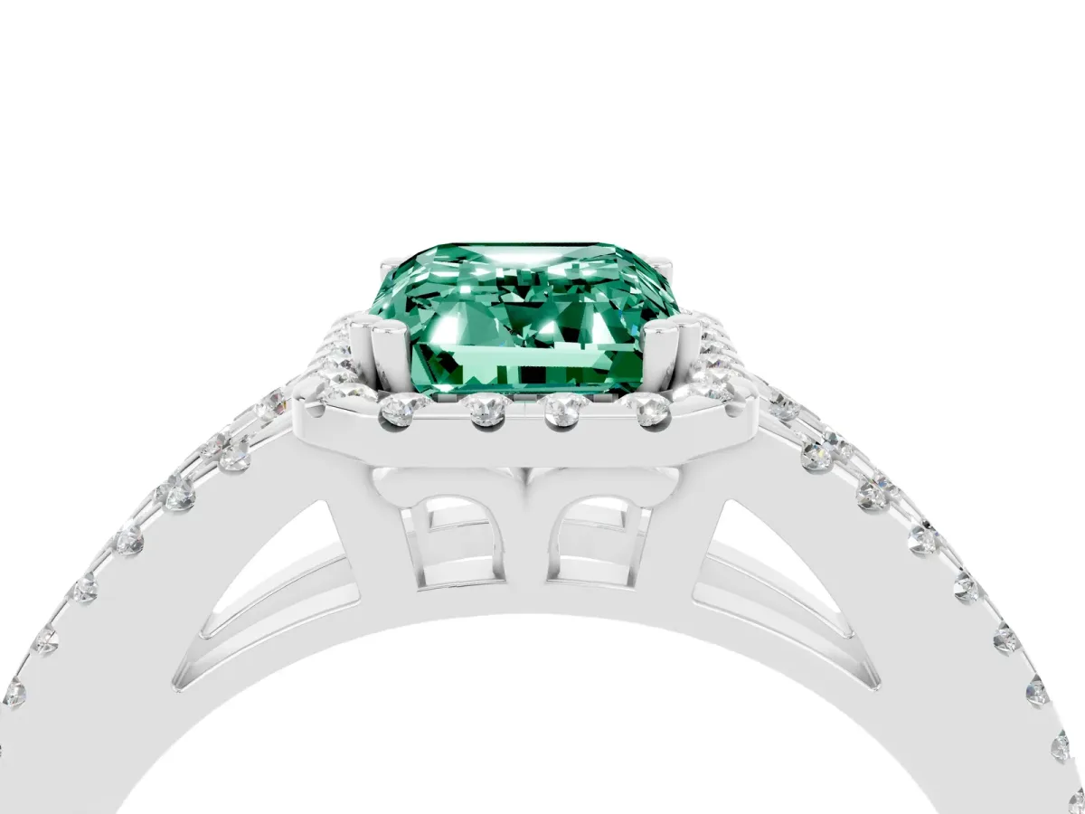 Emerald Cut Green Sapphire Halo Split Shank Engagement Ring Platinum