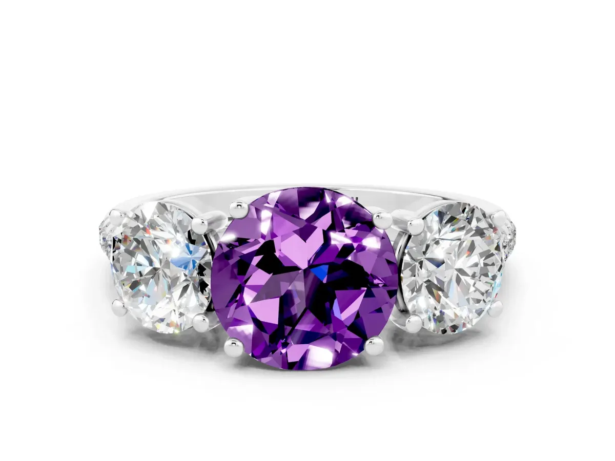 Three-Stone Round Cut Amethyst Ring with Round Pavé Band and Prong Setting Platinum