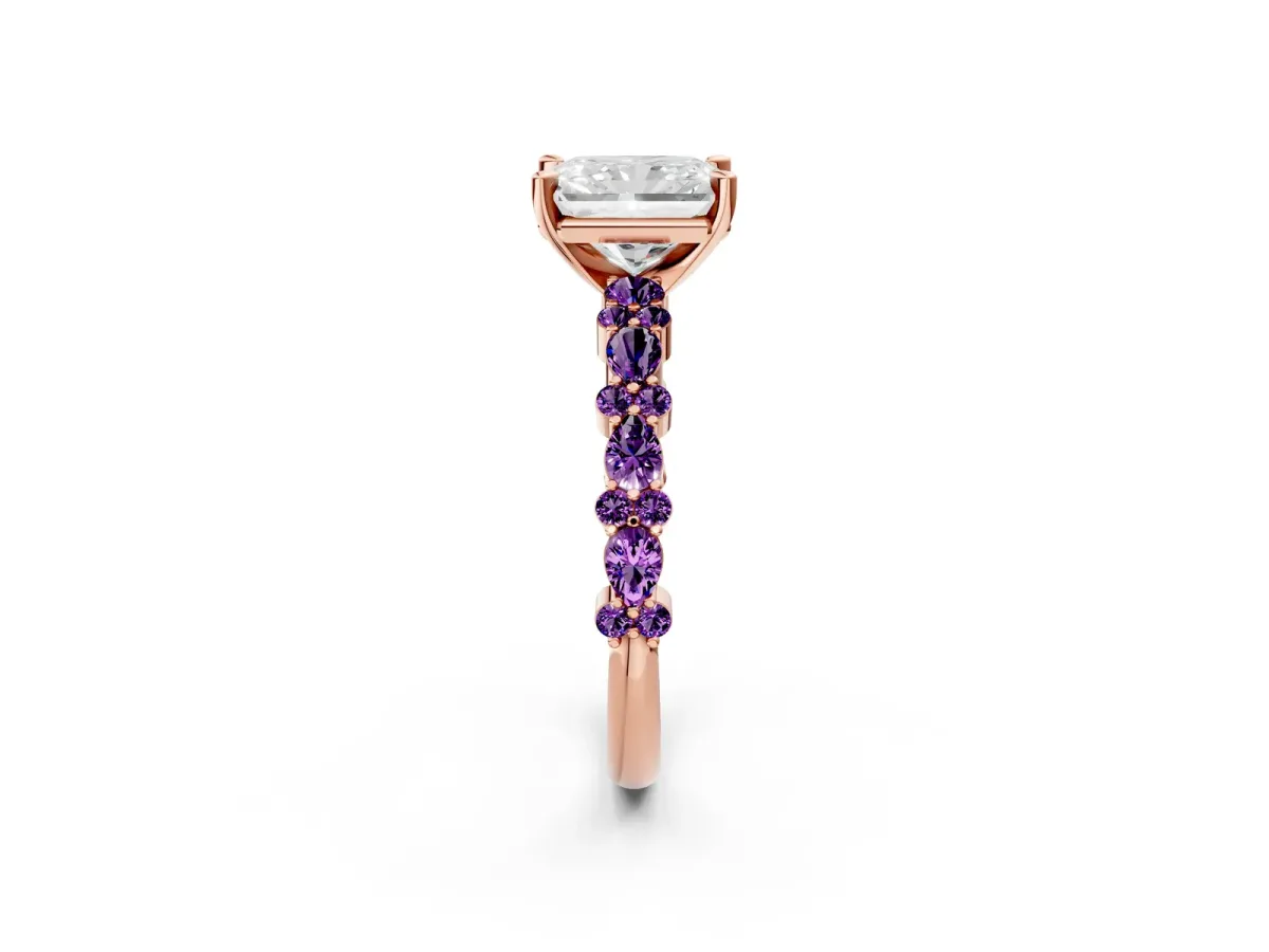 Radiant Cut Diamond Side Stone Solitaire Ring with Round Amethyst and Four-Prong Setting Rose gold
