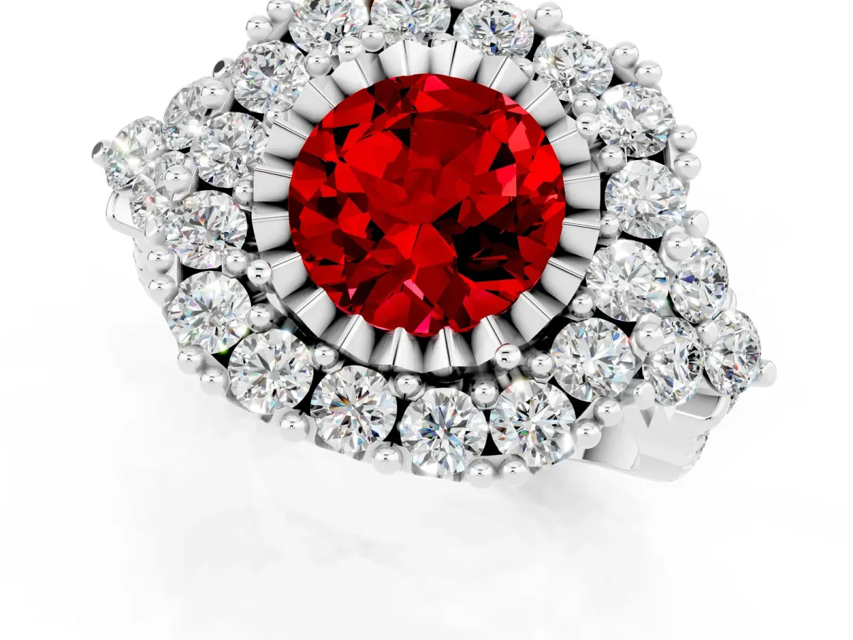 Round Cut Ruby Halo Ring with Pavé Band and Four-Prong Setting Silver